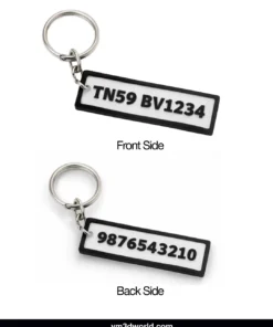 Front side of custom vehicle number keychain with embossed registration number