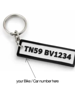 Custom vehicle number keychain front side with TN59 BV1234 embossed on rectangular 3D printed tag