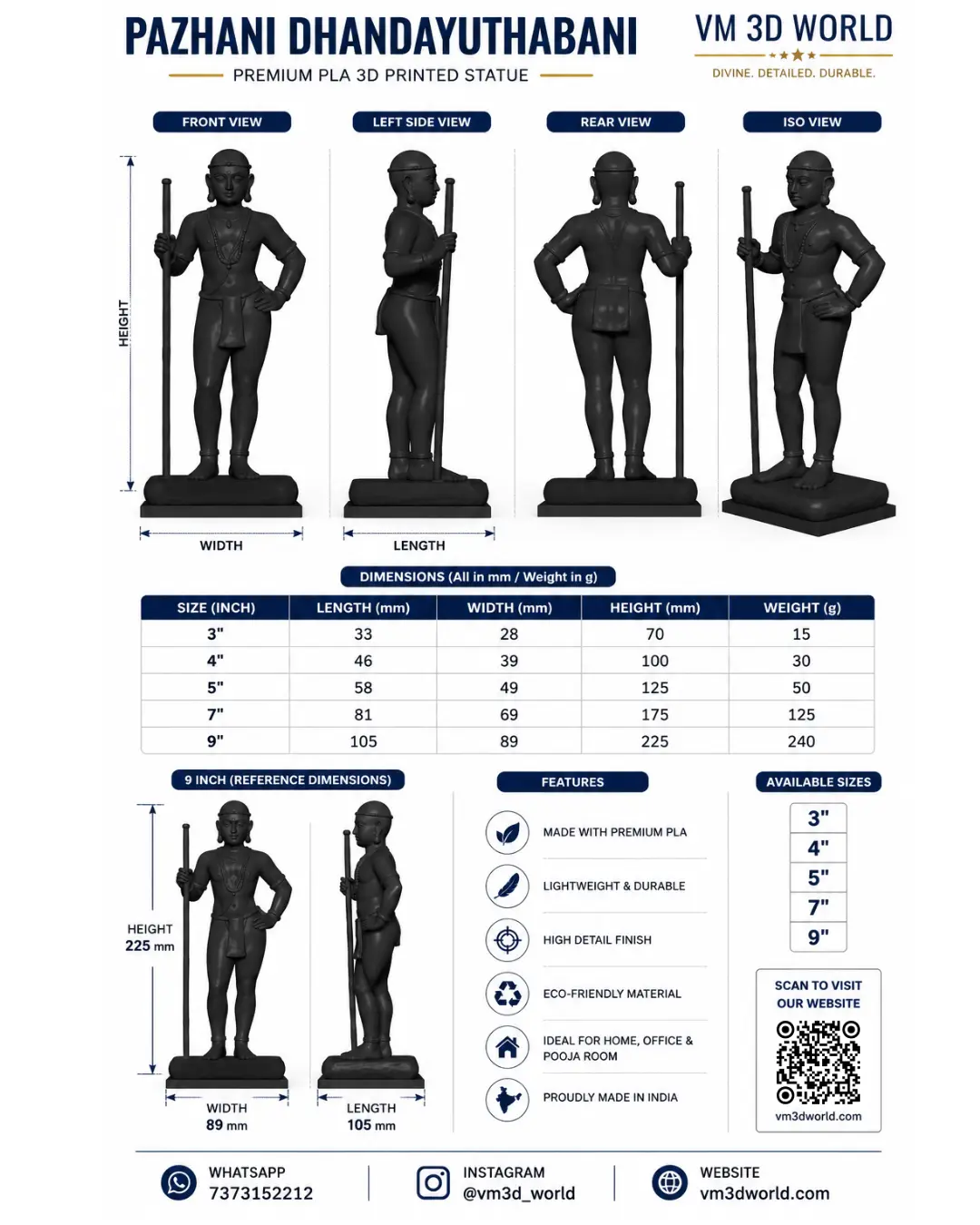 Pazhani Dhandayuthabani Murugan Statue – Buy Premium PLA 3D Printed Idol (3"–9") - Image 2